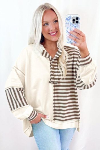 Women Long Sleeve Tops | Khaki Striped Patchwork Oversized Pullover Top