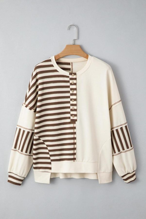 Women Long Sleeve Tops | Khaki Striped Patchwork Oversized Pullover Top - Image 2