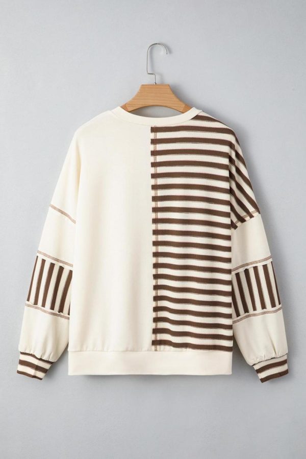 Women Long Sleeve Tops | Khaki Striped Patchwork Oversized Pullover Top - Image 3