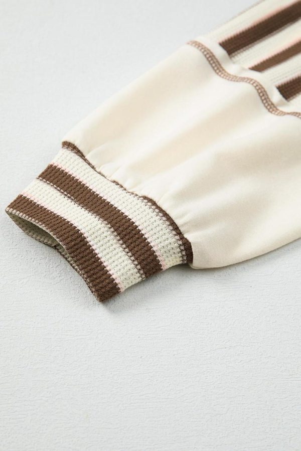 Women Long Sleeve Tops | Khaki Striped Patchwork Oversized Pullover Top - Image 4