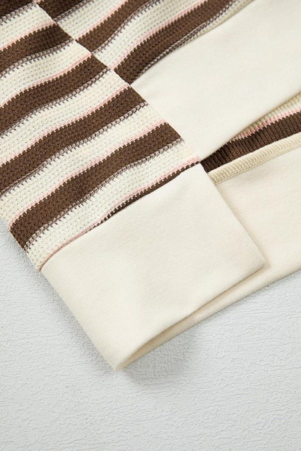 Women Long Sleeve Tops | Khaki Striped Patchwork Oversized Pullover Top - Image 5