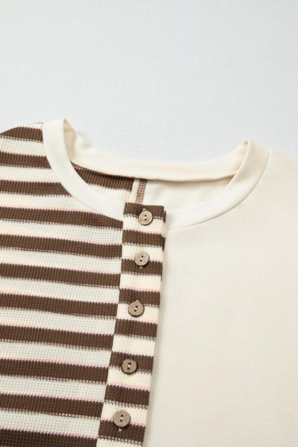 Women Long Sleeve Tops | Khaki Striped Patchwork Oversized Pullover Top - Image 6