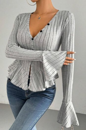 Women Long Sleeve Tops | Light Grey Slim Fit Ruffle Hem Ribbed Long Sleeve Top