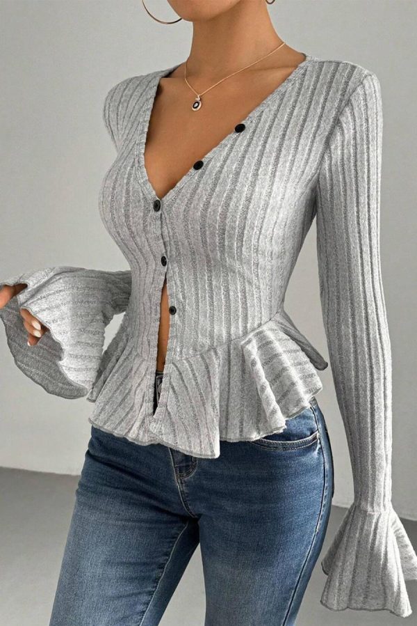 Women Long Sleeve Tops | Light Grey Slim Fit Ruffle Hem Ribbed Long Sleeve Top - Image 2