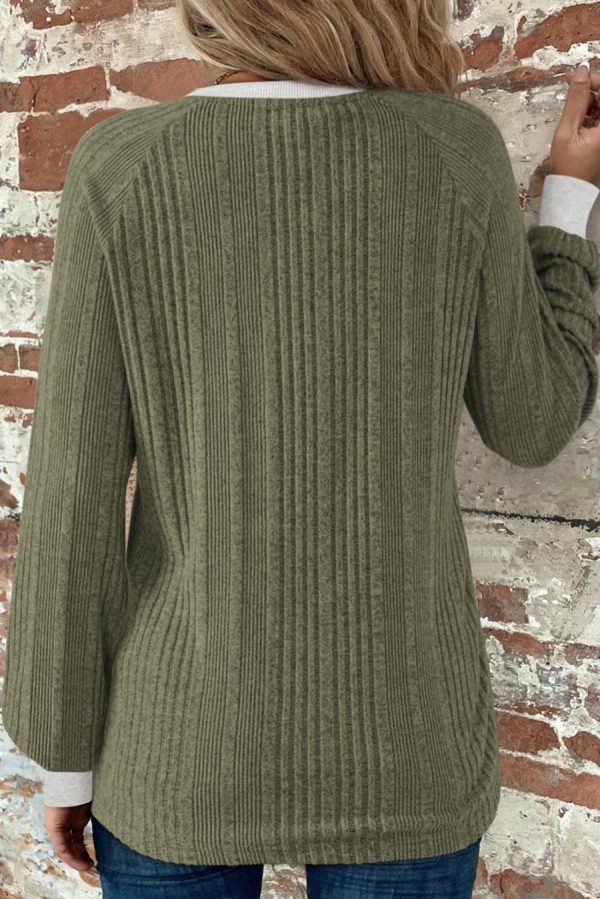 Women Long Sleeve Tops | Moss Green Rib Texture Contrast Trim Round Neck Long Sleeve Top - Image 2