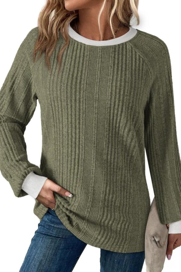 Women Long Sleeve Tops | Moss Green Rib Texture Contrast Trim Round Neck Long Sleeve Top - Image 3