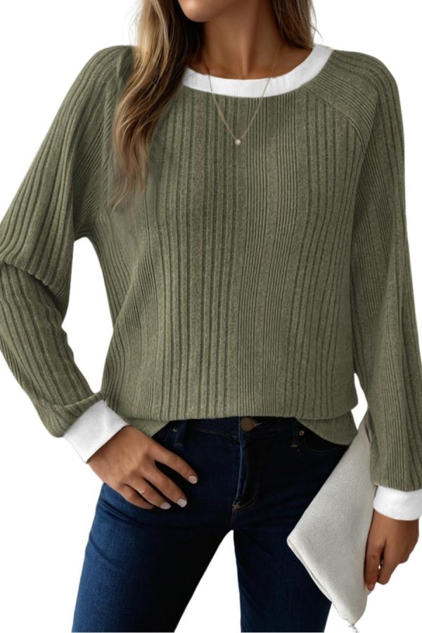 Women Long Sleeve Tops | Moss Green Rib Texture Contrast Trim Round Neck Long Sleeve Top - Image 4