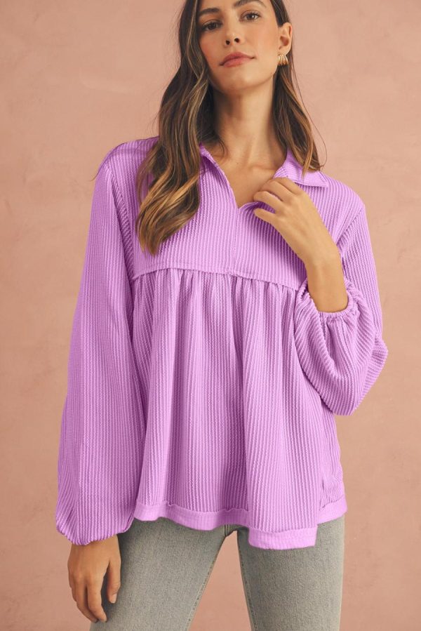 Women Long Sleeve Tops | Phalaenopsis Corded Turn-Down Collar Bubble Sleeve Babydoll Top - Image 2
