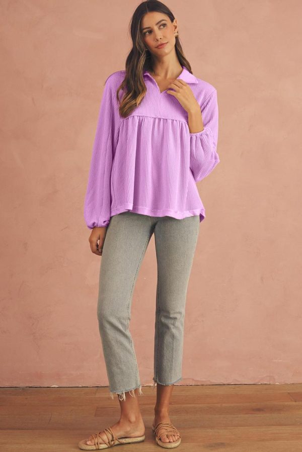 Women Long Sleeve Tops | Phalaenopsis Corded Turn-Down Collar Bubble Sleeve Babydoll Top - Image 3