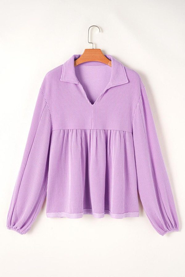 Women Long Sleeve Tops | Phalaenopsis Corded Turn-Down Collar Bubble Sleeve Babydoll Top - Image 4