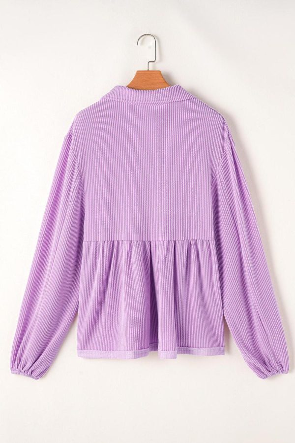 Women Long Sleeve Tops | Phalaenopsis Corded Turn-Down Collar Bubble Sleeve Babydoll Top - Image 5