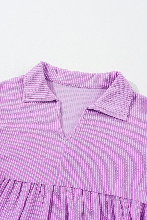 Women Long Sleeve Tops | Phalaenopsis Corded Turn-Down Collar Bubble Sleeve Babydoll Top - Image 6