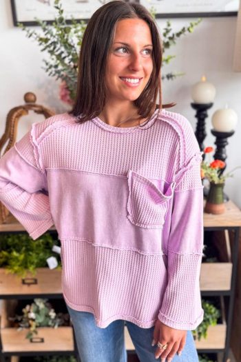 Women Long Sleeve Tops | Phalaenopsis Thermal Waffle Knit Patchwork Long Sleeve Top