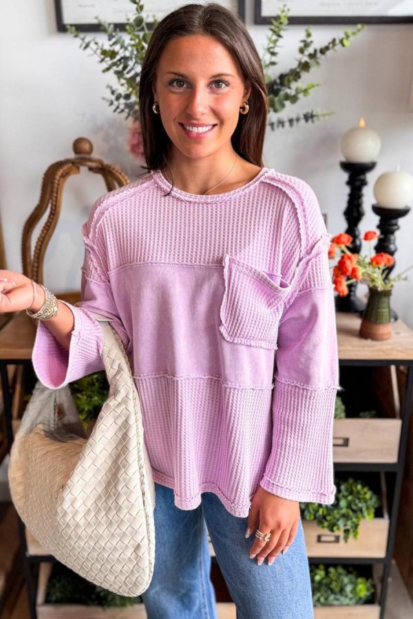 Women Long Sleeve Tops | Phalaenopsis Thermal Waffle Knit Patchwork Long Sleeve Top - Image 2