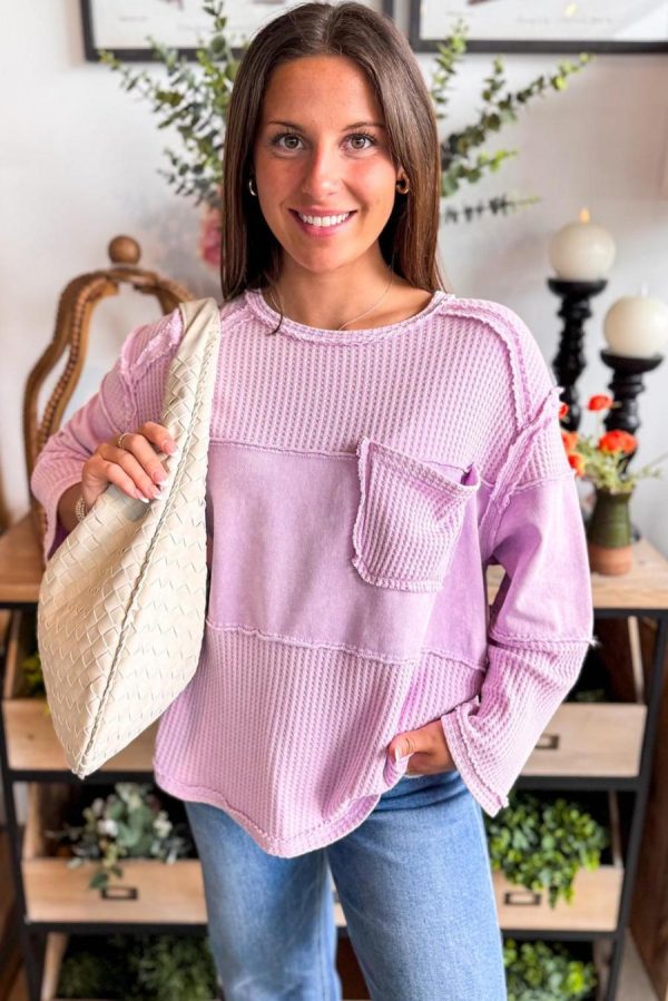 Women Long Sleeve Tops | Phalaenopsis Thermal Waffle Knit Patchwork Long Sleeve Top - Image 3