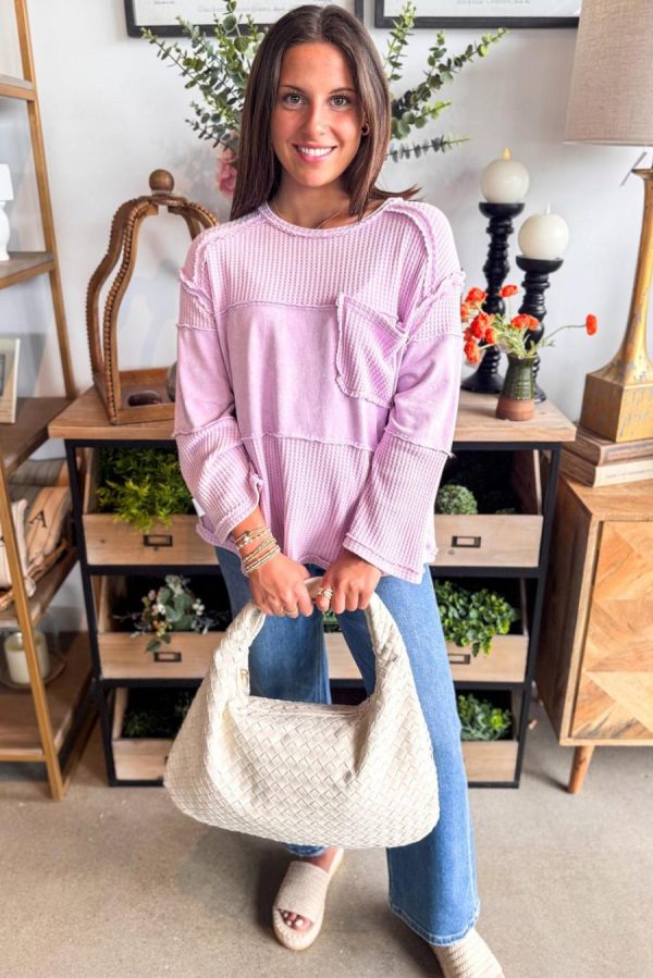 Women Long Sleeve Tops | Phalaenopsis Thermal Waffle Knit Patchwork Long Sleeve Top - Image 5