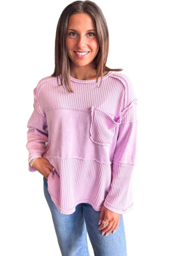 Women Long Sleeve Tops | Phalaenopsis Thermal Waffle Knit Patchwork Long Sleeve Top - Image 6