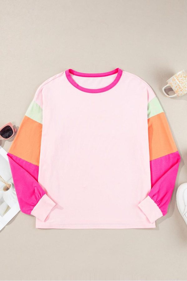 Women Long Sleeve Tops | Pink Color Block Sleeve Loose Fit Top - Image 6