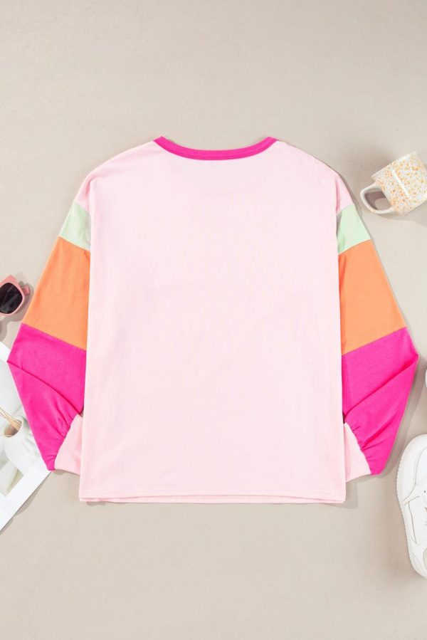 Women Long Sleeve Tops | Pink Color Block Sleeve Loose Fit Top - Image 7