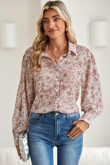 Women Long Sleeve Tops | Pink Ditsy Floral Print Bishop Sleeve Collared V Neck Shirt