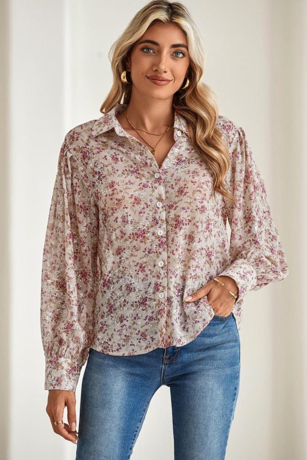 Women Long Sleeve Tops | Pink Ditsy Floral Print Bishop Sleeve Collared V Neck Shirt - Image 3