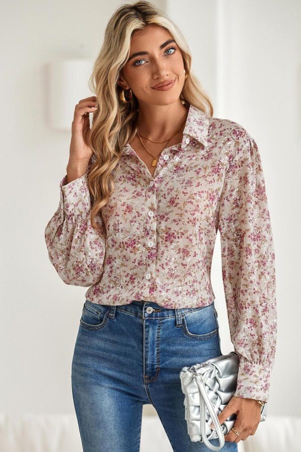 Women Long Sleeve Tops | Pink Ditsy Floral Print Bishop Sleeve Collared V Neck Shirt - Image 4
