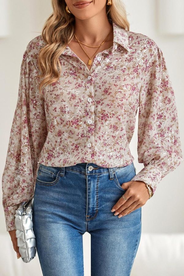 Women Long Sleeve Tops | Pink Ditsy Floral Print Bishop Sleeve Collared V Neck Shirt - Image 5