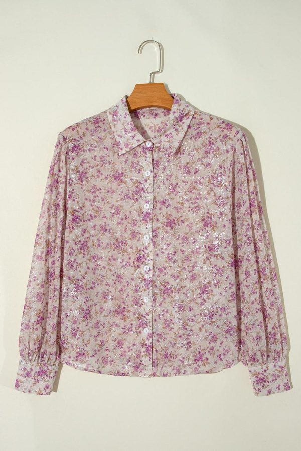 Women Long Sleeve Tops | Pink Ditsy Floral Print Bishop Sleeve Collared V Neck Shirt - Image 7