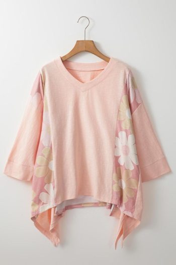 Women Long Sleeve Tops | Pink Patchwork 60S Flower V Neck Bracelet Sleeve Oversized Top