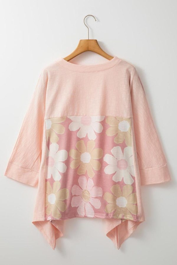 Women Long Sleeve Tops | Pink Patchwork 60S Flower V Neck Bracelet Sleeve Oversized Top - Image 2