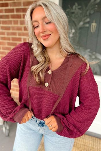 Women Long Sleeve Tops | Racing Red Waffle Patchwork Drop Shoulder Hooded Long Sleeve Top