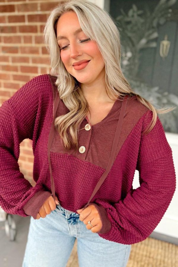 Women Long Sleeve Tops | Racing Red Waffle Patchwork Drop Shoulder Hooded Long Sleeve Top