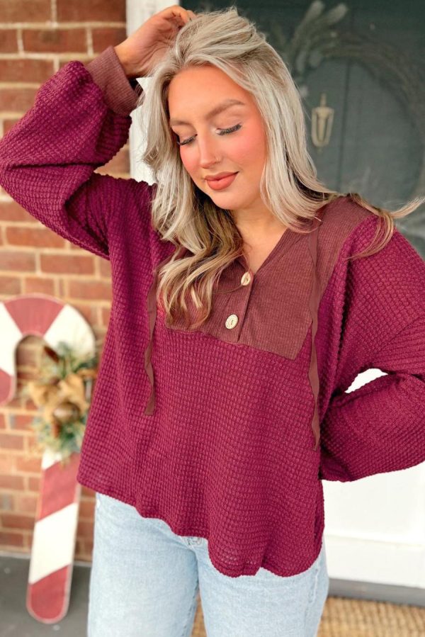 Women Long Sleeve Tops | Racing Red Waffle Patchwork Drop Shoulder Hooded Long Sleeve Top - Image 2