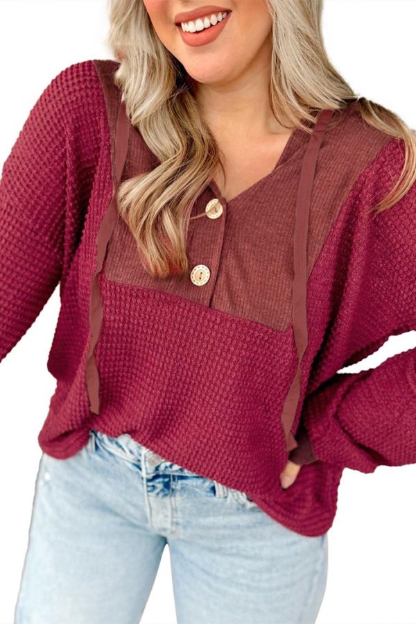 Women Long Sleeve Tops | Racing Red Waffle Patchwork Drop Shoulder Hooded Long Sleeve Top - Image 4
