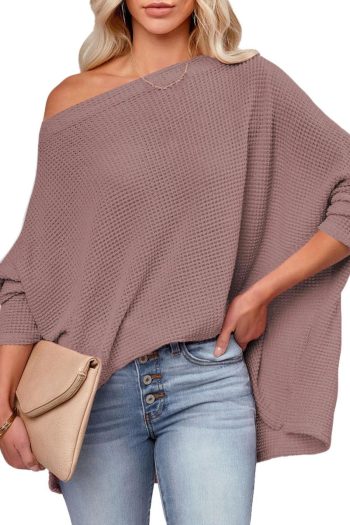 Women Long Sleeve Tops | Rose Pink Loose Long Sleeve Waffle Knit Top