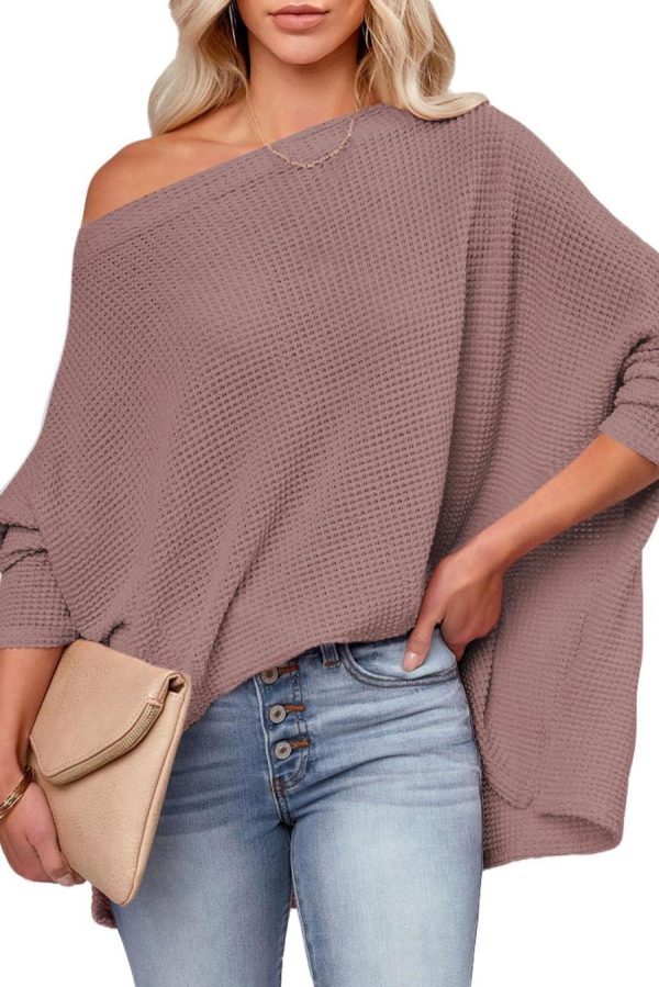 Women Long Sleeve Tops | Rose Pink Loose Long Sleeve Waffle Knit Top