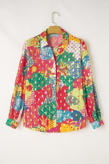 Women Long Sleeve Tops | Rose Red Abstract Print Colorblock Long Sleeve Shirt