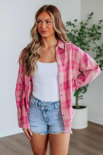 Women Long Sleeve Tops | Sachet Pink Plaid Rounded Hem Long Sleeve Shirt