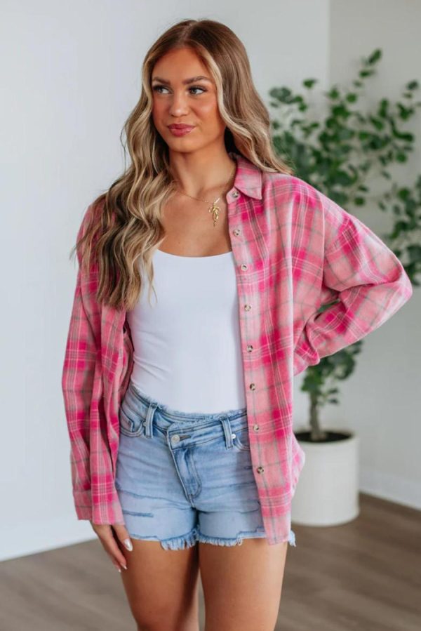Women Long Sleeve Tops | Sachet Pink Plaid Rounded Hem Long Sleeve Shirt
