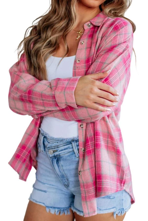 Women Long Sleeve Tops | Sachet Pink Plaid Rounded Hem Long Sleeve Shirt - Image 2