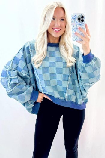 Women Long Sleeve Tops | Sky Blue Checkerboard Splicing Raw Detail Oversized Denim Pullover