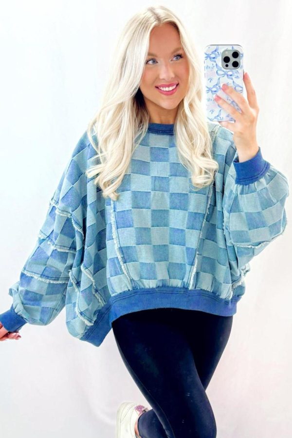 Women Long Sleeve Tops | Sky Blue Checkerboard Splicing Raw Detail Oversized Denim Pullover - Image 2