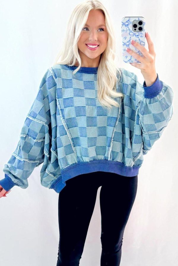 Women Long Sleeve Tops | Sky Blue Checkerboard Splicing Raw Detail Oversized Denim Pullover - Image 3