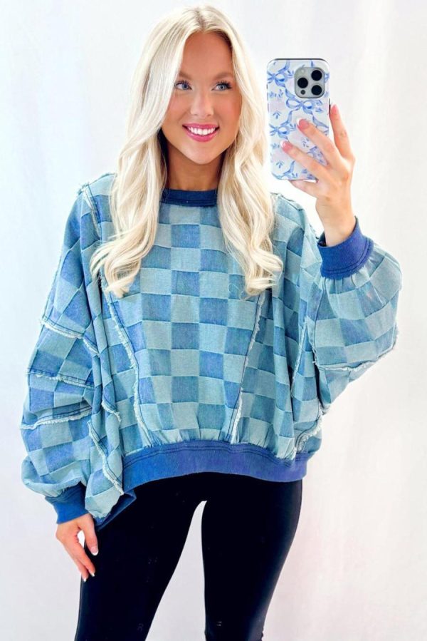 Women Long Sleeve Tops | Sky Blue Checkerboard Splicing Raw Detail Oversized Denim Pullover - Image 4