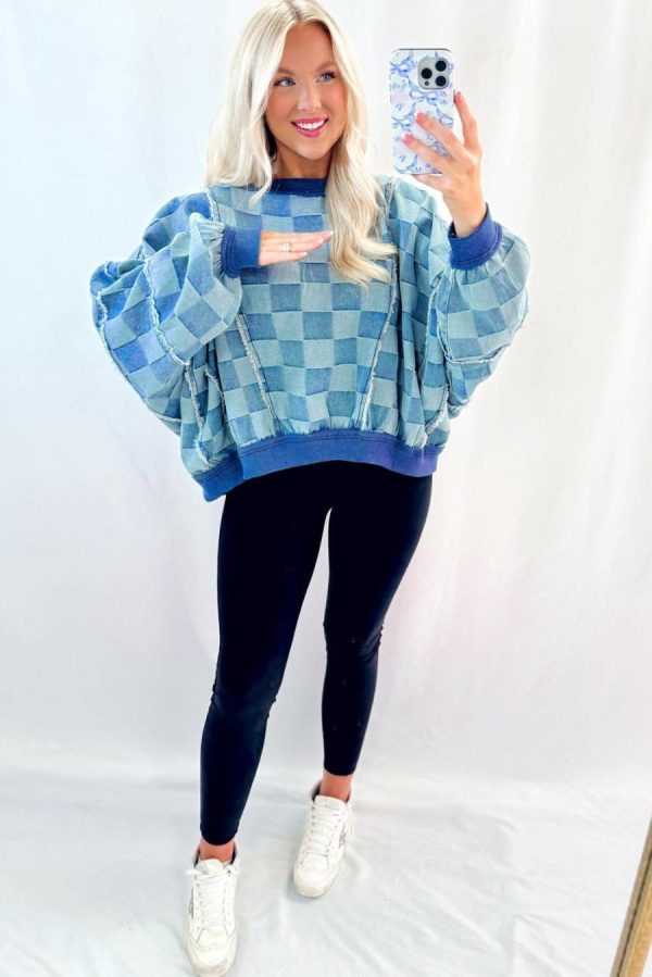 Women Long Sleeve Tops | Sky Blue Checkerboard Splicing Raw Detail Oversized Denim Pullover - Image 5