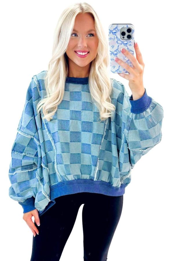 Women Long Sleeve Tops | Sky Blue Checkerboard Splicing Raw Detail Oversized Denim Pullover - Image 6