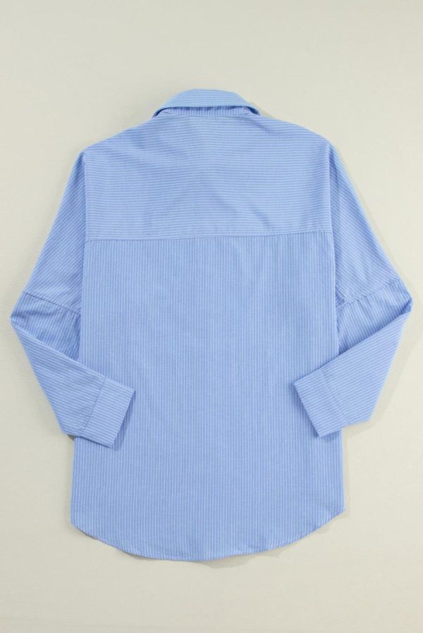 Women Long Sleeve Tops | Sky Blue Stripe Roll Tab Sleeve Pocketed Tunic Shirt