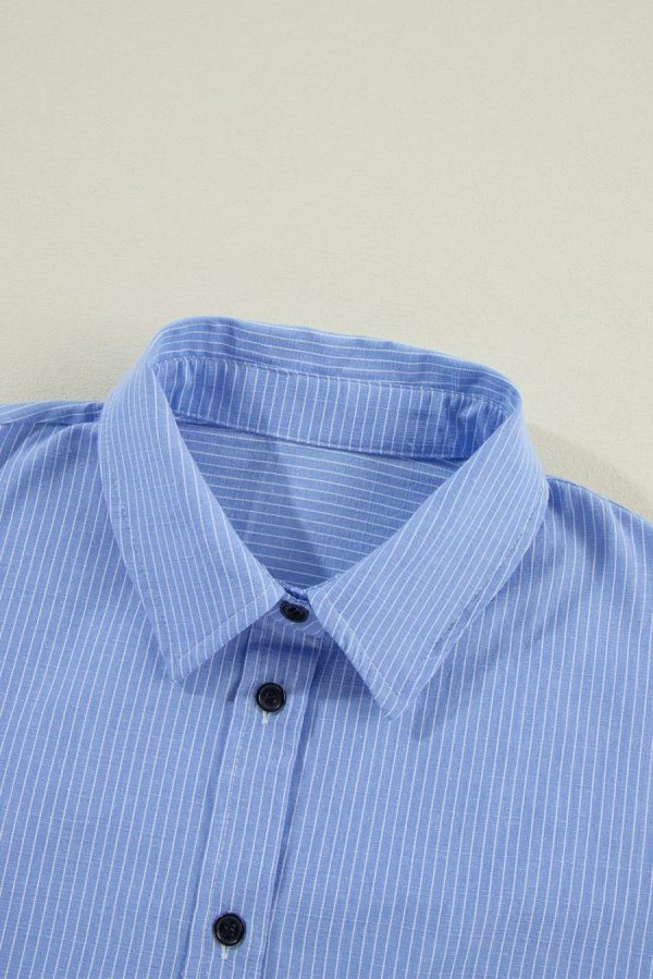 Women Long Sleeve Tops | Sky Blue Stripe Roll Tab Sleeve Pocketed Tunic Shirt - Image 2
