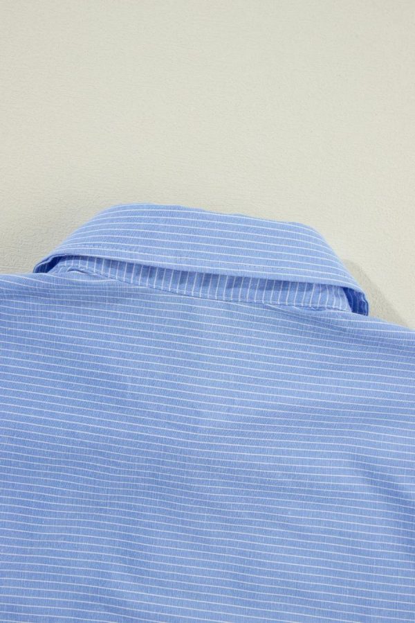 Women Long Sleeve Tops | Sky Blue Stripe Roll Tab Sleeve Pocketed Tunic Shirt - Image 3