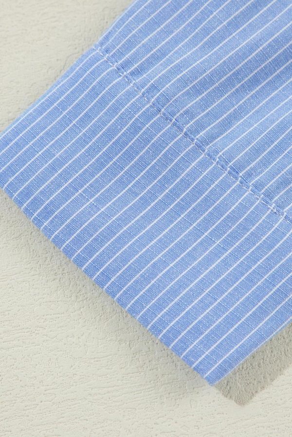 Women Long Sleeve Tops | Sky Blue Stripe Roll Tab Sleeve Pocketed Tunic Shirt - Image 5